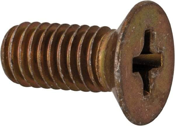 Made in USA - #10-32 UNF, 7/16" OAL Phillips Drive Machine Screw - Flat Head, Grade 3 Steel, Yellow Cadmium-Plated Finish, Without Washer - Americas Industrial Supply