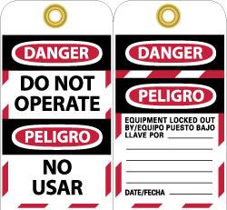 NMC - 3" High x 6" Long, DANGER - DO NOT OPERATE, Safety & Facility Lockout Tag - Tag Header: Danger, 2 Sides, Black, Red & White Unrippable Vinyl - Americas Industrial Supply