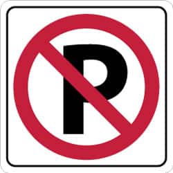 NMC - "Strike on P", 24" Wide x 24" High, Aluminum No Parking & Tow Away Signs - 0.08" Thick, Red & Black on White, Engineer Grade Reflectivity, Square, Post Mount - Americas Industrial Supply