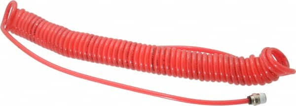 PRO-SOURCE - 0.16 ID, 1/4 Thread, 20' Long, Red Polyurethane Coiled & Self Storing Hose - 125 Max psi, Male Swivel x Male Swivel - Americas Industrial Supply