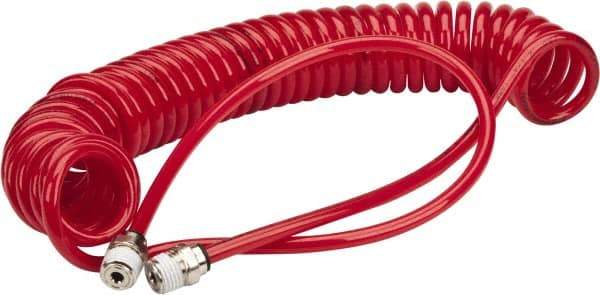 PRO-SOURCE - 0.16 ID, 1/4 Thread, 15' Long, Red Polyurethane Coiled & Self Storing Hose - 125 Max psi, Male Swivel x Male Swivel - Americas Industrial Supply