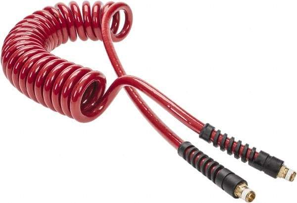 PRO-SOURCE - 3/8" ID, 1/4 Thread, 15' Long, Red Polyurethane Coiled & Self Storing Hose - 200 Max psi, Male Swivel x Male Swivel - Americas Industrial Supply