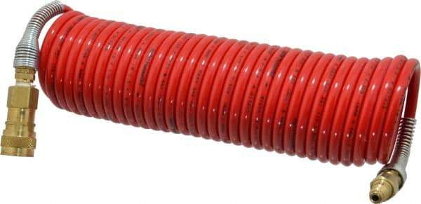 PRO-SOURCE - 1/4" ID, 1/4 Thread, 25' Long, Red Nylon Coiled & Self Storing Hose - 240 Max psi, Industrial Interchange Coupler x Plug - Americas Industrial Supply