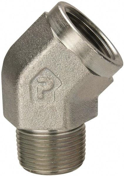 Parker - 1 Male Thread x 1 Female Thread, Zinc Plated Steel Industrial Pipe 45° Street Elbow - MNPTF x FNPTF, 1,800 psi - Americas Industrial Supply
