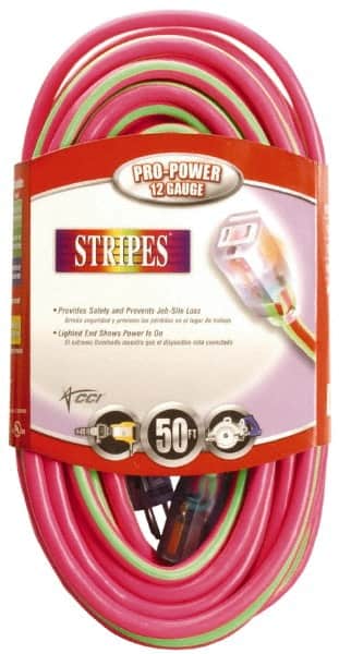 Southwire - 50', 12/3 Gauge/Conductors, Pink/Lime Green Outdoor Extension Cord - 1 Receptacle, 15 Amps, 125 VAC, UL SJTW, NEMA 5-15P, 5-15R - Americas Industrial Supply