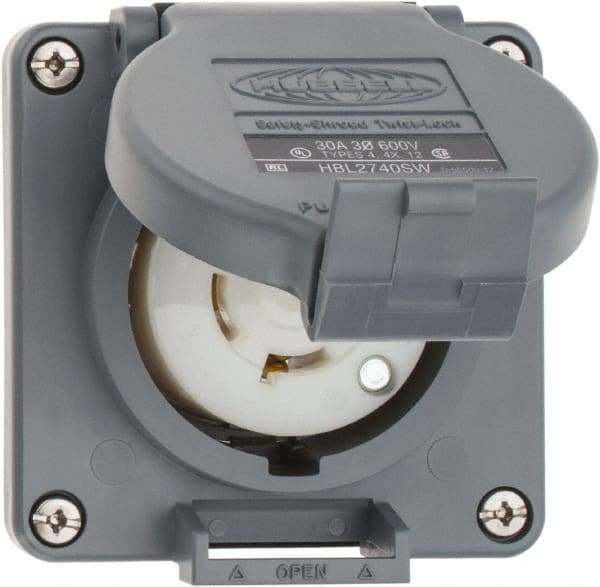 Hubbell Wiring Device-Kellems - 600 VAC, 30 Amp, L17-30R NEMA, Self Grounding Receptacle - 3 Poles, 4 Wire, Female End, Gray - Americas Industrial Supply