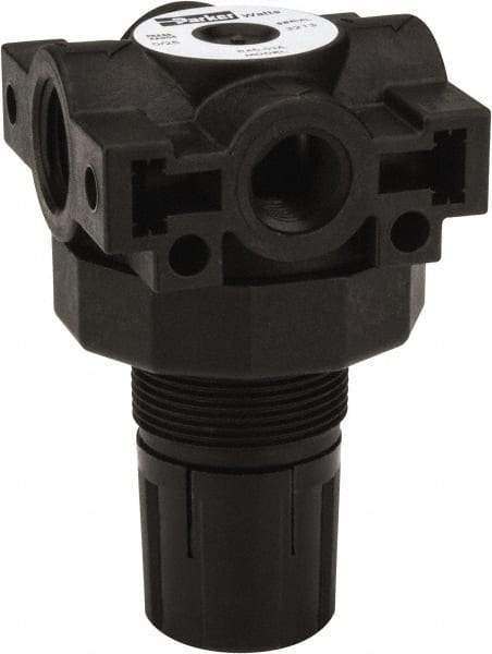 Parker - 3/8 NPT Port, Plastic Miniature Regulator - 0 to 25 psi Range, 150 Max psi Supply Pressure, 1/4" Gauge Port Thread, 2.06" Wide x 3.43" High - Americas Industrial Supply