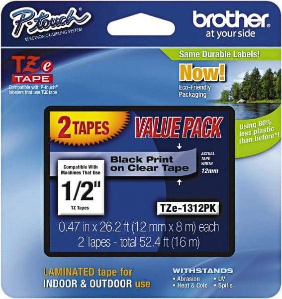 Brother - 1/2" Wide x 314.4" Long, Clear Plastic/Paper Tape Cassette - For Label Maker - Americas Industrial Supply
