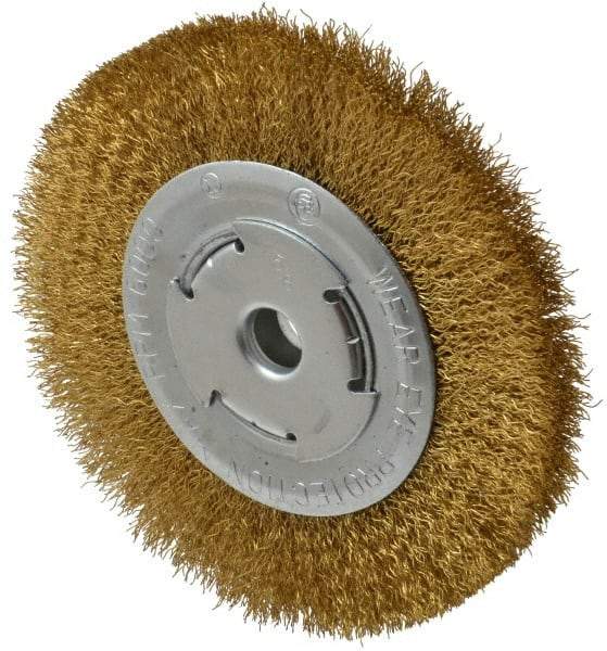 Value Collection - 6" OD, 1/4" Arbor Hole, Crimped Brass Wheel Brush - 1/2" Face Width, 1-1/8" Trim Length, 0.012" Filament Diam, 6,000 RPM - Americas Industrial Supply