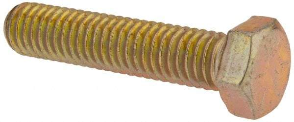 Made in USA - 3/8-16 UNC, 1-3/4" Length Under Head Hex Head Cap Screw - Fully Threaded, Grade 8 Alloy Steel, Zinc Yellow Dichromate Finish, 9/16" Hex - Americas Industrial Supply