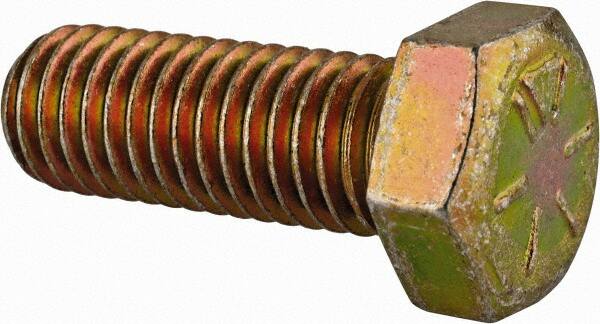 Made in North America - 1/2-13 UNC, 1-3/8" Length Under Head Hex Head Cap Screw - Fully Threaded, Grade 8 Alloy Steel, Zinc Yellow Dichromate Finish, 3/4" Hex - Americas Industrial Supply
