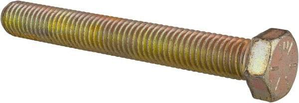 Made in USA - 1/2-13 UNC, 4" Length Under Head Hex Head Cap Screw - Fully Threaded, Grade 8 Alloy Steel, Zinc Yellow Dichromate Finish, 3/4" Hex - Americas Industrial Supply