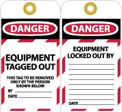 NMC - 3" High x 6" Long, DANGER - EQUIPMENT TAGGED OUT - THIS TAG TO BE REMOVED ONLY BY THE PERSON SHOWN BELOW, English Safety & Facility Lockout Tag - Tag Header: Danger, 2 Sides, Black, Red & White Unrippable Vinyl - Americas Industrial Supply