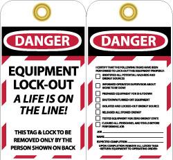 NMC - 3" High x 6" Long, DANGER - EQUIPMENT LOCK-OUT - A LIFE IS ON THE LINE! THIS TAG & LOCK TO BE REMOVED ONLY BY THE PERSON SHOWN ON BACK, English Safety & Facility Lockout Tag - Tag Header: Danger, 2 Sides, Black, Red & White Unrippable Vinyl - Americas Industrial Supply