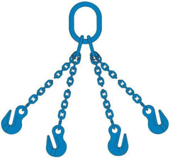 Pewag - 5' Long, 13,500 Lb Basket Capacity, 13,500 Lb Vertical Capacity, 4 Ply, Alloy Steel Web Sling - 4,500 Lb Choker Capacity, QOG Chain Sling, 9/32" Diam Chain, Blue, with 4 Grab Hooks & Master Link - Americas Industrial Supply
