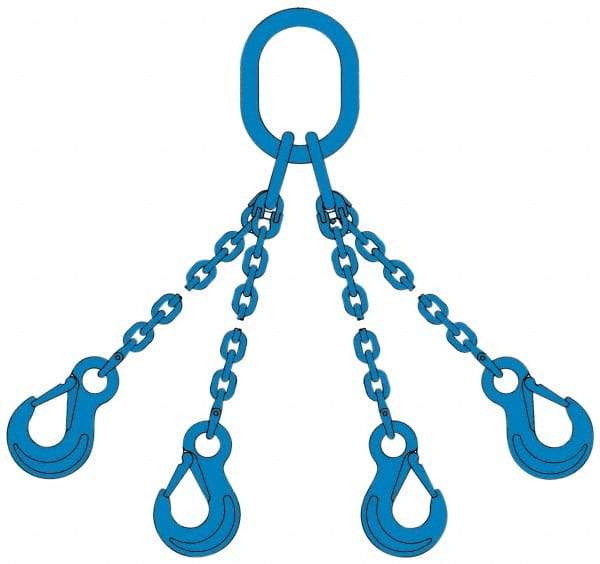 Pewag - 5' Long, 13,500 Lb Basket Capacity, 13,500 Lb Vertical Capacity, 4 Ply, Alloy Steel Web Sling - 4,500 Lb Choker Capacity, QOS Chain Sling, 9/32" Diam Chain, Blue, with 4 Sling Hooks & Master Link - Americas Industrial Supply