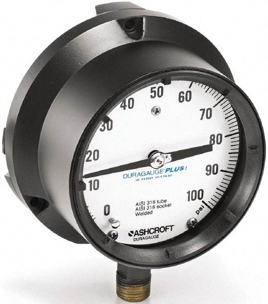 Ashcroft - 4-1/2" Dial, 1/2 Thread, 0-400 Scale Range, Pressure Gauge - Lower Connection, Rear Flange Connection Mount, Accurate to 0.5% of Scale - Americas Industrial Supply