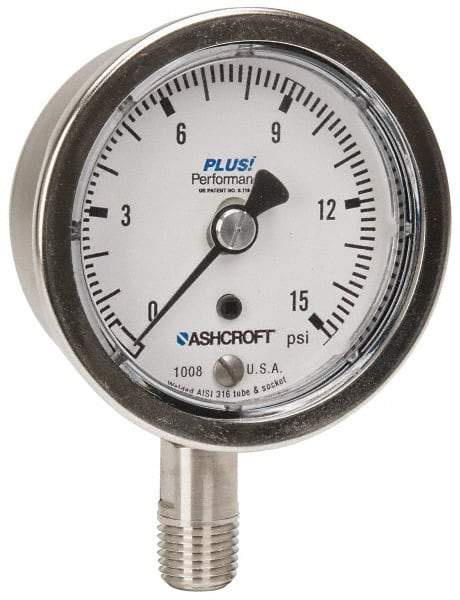 Ashcroft - 2-1/2" Dial, 1/4 Thread, 0-15 Scale Range, Pressure Gauge - Lower Connection Mount, Accurate to 3-2-3% of Scale - Americas Industrial Supply