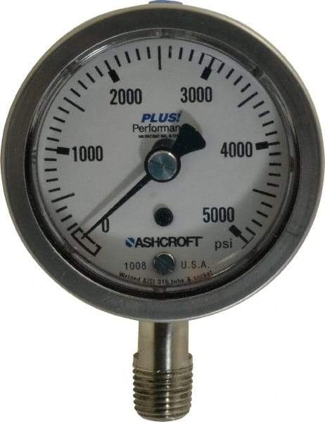 Ashcroft - 2-1/2" Dial, 1/4 Thread, 0-5,000 Scale Range, Pressure Gauge - Lower Connection Mount, Accurate to 3-2-3% of Scale - Americas Industrial Supply