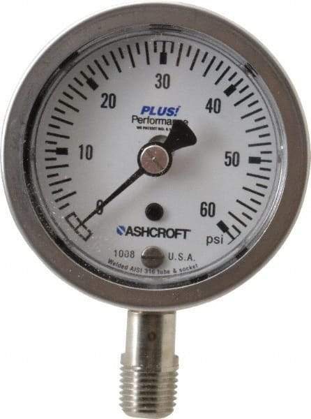 Ashcroft - 2-1/2" Dial, 1/4 Thread, 0-60 Scale Range, Pressure Gauge - Lower Connection Mount, Accurate to 3-2-3% of Scale - Americas Industrial Supply