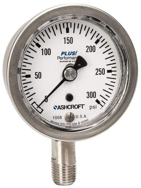 Ashcroft - 2-1/2" Dial, 1/4 Thread, 0-300 Scale Range, Pressure Gauge - Lower Connection Mount, Accurate to 3-2-3% of Scale - Americas Industrial Supply