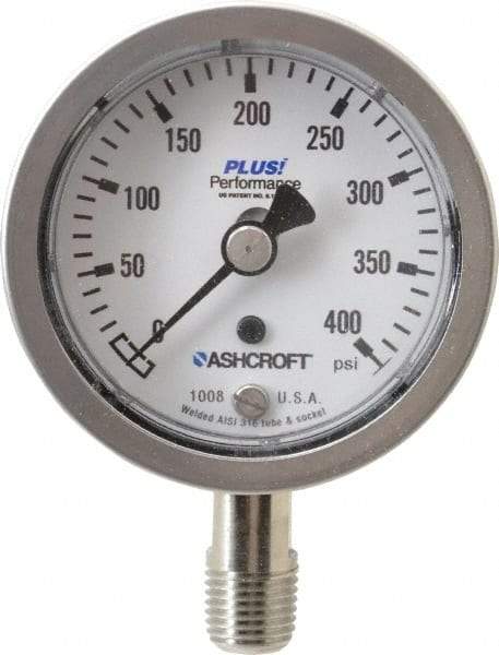 Ashcroft - 2-1/2" Dial, 1/4 Thread, 0-400 Scale Range, Pressure Gauge - Lower Connection Mount, Accurate to 3-2-3% of Scale - Americas Industrial Supply
