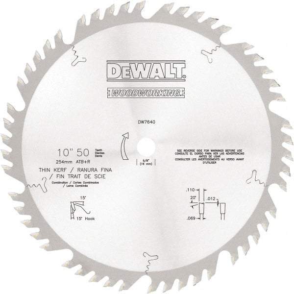DeWALT - 10" Diam, 5/8" Arbor Hole Diam, 50 Tooth Wet & Dry Cut Saw Blade - Tungsten Carbide-Tipped, Standard Round Arbor - Americas Industrial Supply