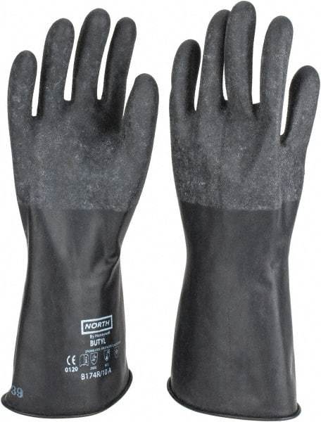 North - Size XL (10), 14" Long, 17 mil Thick, Butyl Chemical Resistant Gloves - Textured Finish, Rolled Cuff, Black - Americas Industrial Supply
