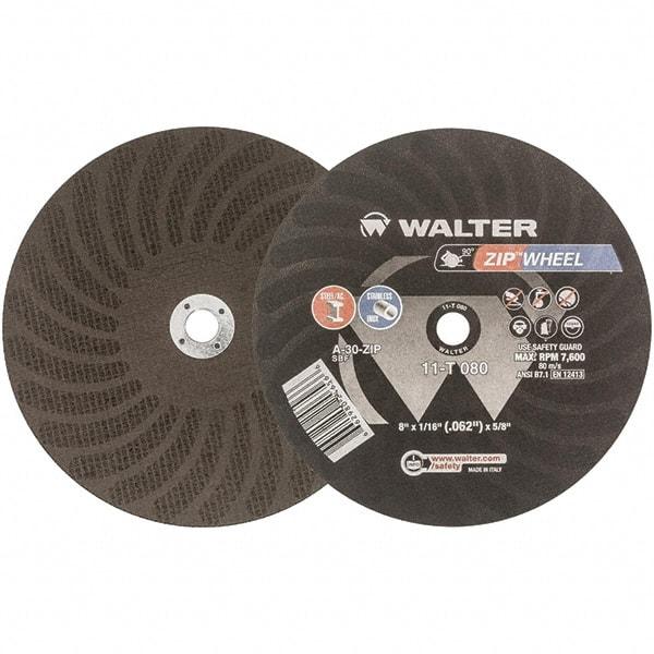 WALTER Surface Technologies - 8" 30 Grit Aluminum Oxide Cutoff Wheel - 1/16" Thick, 5/8" Arbor, 7,600 Max RPM, Use with Circular Saws - Americas Industrial Supply