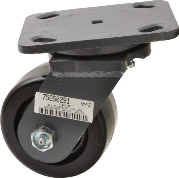 Hamilton - 4" Diam x 2" Wide x 5-5/8" OAH Top Plate Mount Swivel Caster - Phenolic, 800 Lb Capacity, Roller Bearing, 4 x 5" Plate - Americas Industrial Supply