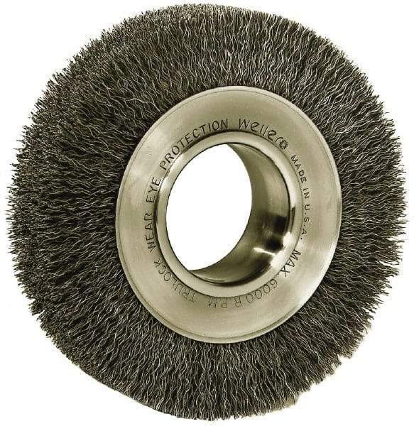 Weiler - 6" OD, 2" Arbor Hole, Crimped Steel Wheel Brush - 1-1/4" Face Width, 1-1/8" Trim Length, 0.006" Filament Diam, 6,000 RPM - Americas Industrial Supply