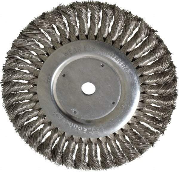 Weiler - 8" OD, 5/8" Arbor Hole, Knotted Stainless Steel Wheel Brush - 5/8" Face Width, 1-5/8" Trim Length, 0.016" Filament Diam, 6,000 RPM - Americas Industrial Supply