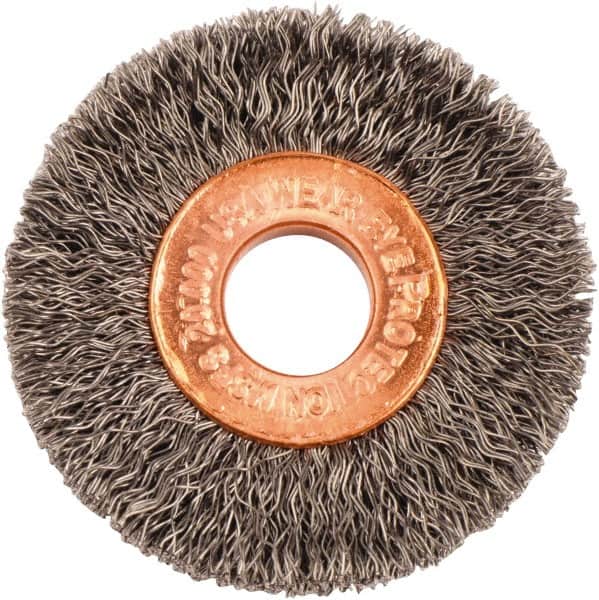 Weiler - 1-1/2" OD, 3/8" Arbor Hole, Crimped Steel Wheel Brush - 1/4" Face Width, 7/16" Trim Length, 0.008" Filament Diam, 20,000 RPM - Americas Industrial Supply