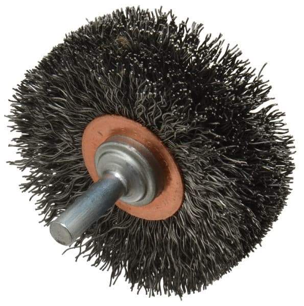 Weiler - 2-1/2" OD, 1/4" Shank Diam, Crimped Steel Wheel Brush - 3/4" Face Width, 11/16" Trim Length, 0.014" Filament Diam, 20,000 RPM - Americas Industrial Supply
