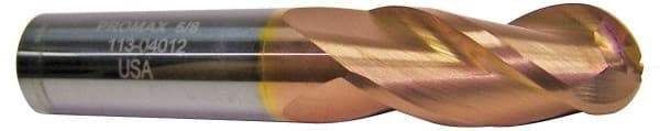 ProMax - 5/8" Diam, 1-1/4" LOC, 3 Flute Solid Carbide Ball End Mill - TiCN Finish, Single End, 3-1/2" OAL, 5/8" Shank Diam, Spiral Flute - Americas Industrial Supply