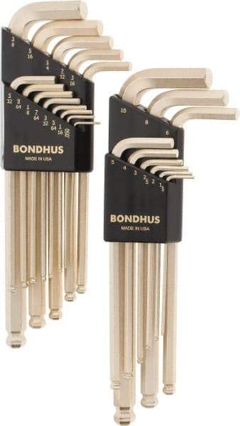 Bondhus - 22 Piece L-Key Ball End Hex Key Set - Hex Range 0.05 to 3/8", Steel - Americas Industrial Supply