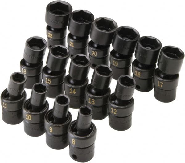 SK - 15 Piece 3/8" Drive Standard Impact Socket Set - 6 Points, 8 to 21mm, Metric Measurement Standard - Americas Industrial Supply