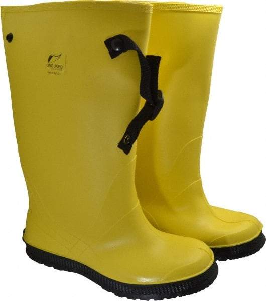 Dunlop Protective Footwear - Men's 11 Rain & Cold Resistant Overboots - 17" High, Plain Toe, Self Cleaning & Cleated Sole, PVC Upper, Yellow, Adjustable Polyester Strap, Buckles & Snaps - Americas Industrial Supply