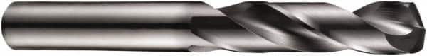 DORMER - 27/64" 140° Spiral Flute Solid Carbide Screw Machine Drill Bit - TiAlN Finish, Right Hand Cut, 55mm Flute Length, 102mm OAL, Four Facet Split Point, Straight Shank, Through Coolant - Americas Industrial Supply