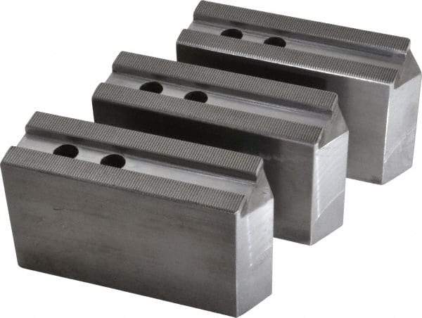 H & R Manufacturing - 1.5mm x 60° Serrated Attachment, Square Soft Lathe Chuck Jaw - 3 Jaws, Steel, 1.181" Btw Mount Hole Ctrs, 6-1/4" Long x 2" Wide x 3-1/2" High, 0.71" Groove, 14mm Fastener - Americas Industrial Supply