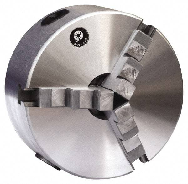 Gibraltar - 3 Jaws, 10" Diam, Self Centering Manual Lathe Chuck - Plain Back Mount Spindle, Reversible, 1,600 Max RPM, 3.1496" Through Hole Diam, 0.0016" Axial Runout, 0.0016" Radial Runout, Cast Iron - Americas Industrial Supply