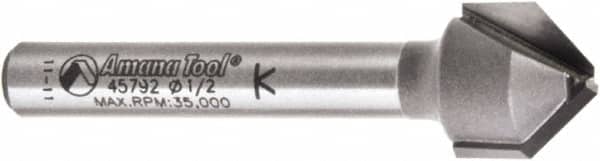 Amana Tool - 1/2" Cut Diam, 3/8" Length of Cut, 2 Flute V-Groove Edge Profile Router Bit - Carbide-Tipped, 1/4" Shank Diam, 2" OAL, Uncoated - Americas Industrial Supply