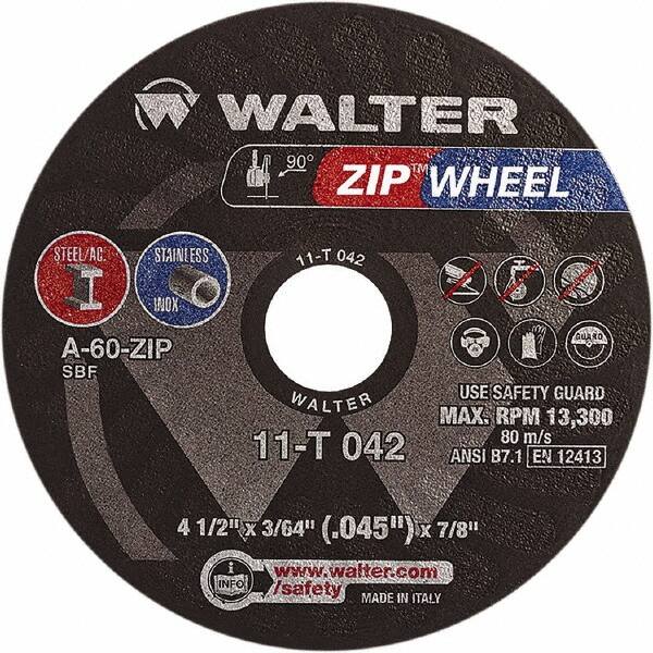 WALTER Surface Technologies - 4-1/2" 60 Grit Aluminum Oxide Cutoff Wheel - 3/64" Thick, 7/8" Arbor, 13,300 Max RPM, Use with Angle Grinders - Americas Industrial Supply