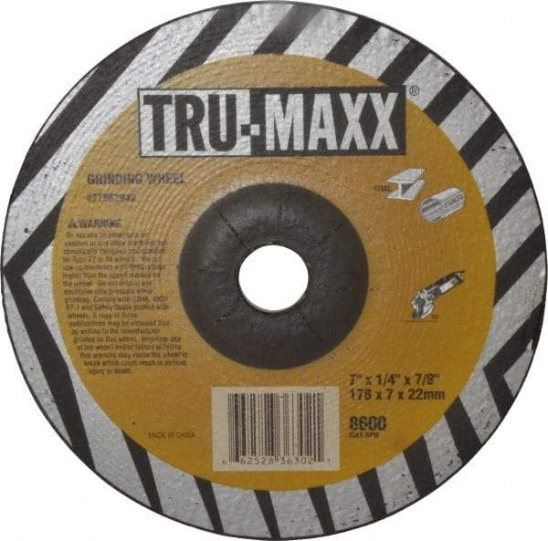 Tru-Maxx - 24 Grit, 7" Wheel Diam, 1/4" Wheel Thickness, 7/8" Arbor Hole, Type 27 Depressed Center Wheel - Aluminum Oxide, 8,600 Max RPM, Compatible with Angle Grinder - Americas Industrial Supply