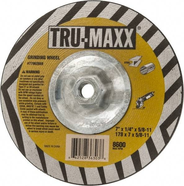 Tru-Maxx - 7" Wheel Diam, 1/4" Wheel Thickness, Type 27 Depressed Center Wheel - Aluminum Oxide, 8,600 Max RPM, Compatible with Angle Grinder - Americas Industrial Supply