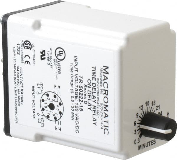 Macromatic - 8 Pin, 0.3 to 30 min Delay, Multiple Range DPDT Time Delay Relay - 10 Contact Amp, 120 VAC/VDC, Knob - Americas Industrial Supply