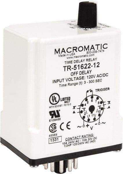 Macromatic - 11 Pin, Multiple Range DPDT Time Delay Relay - 10 Contact Amp, 120 VAC/VDC, Knob - Americas Industrial Supply