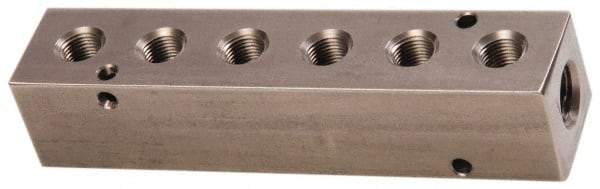 Made in USA - 1/2" Inlet, 3/8" Outlet Manifold - 6-3/4" Long x 1-1/2" Wide x 1-1/2" High, 0.2" Mount Hole, 2 Inlet Ports, 6 Outlet Ports - Americas Industrial Supply