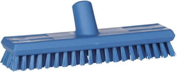 Vikan - 1" Bristle Length, Polyester Scrub Brush - 10-5/8" Long x 2-1/2" Wide Head, 11" OAL, European Threaded Handle, Blue, Polypropylene Block - Americas Industrial Supply