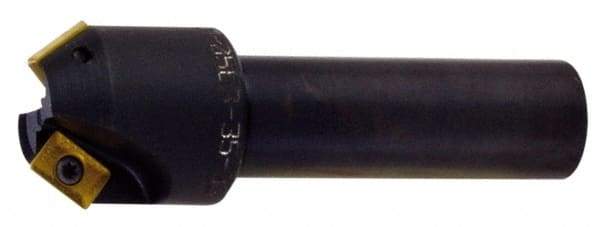 Kyocera - 25° Lead Angle, 9/16" Max Cut Diam, 9/16" Min Cut Diam, 0.31" Max Depth of Cut, Indexable Chamfer and Angle End Mill - 2 Inserts, XPMT 0902.. Insert Style, 2.78" Overall Length, Straight Shank - Americas Industrial Supply